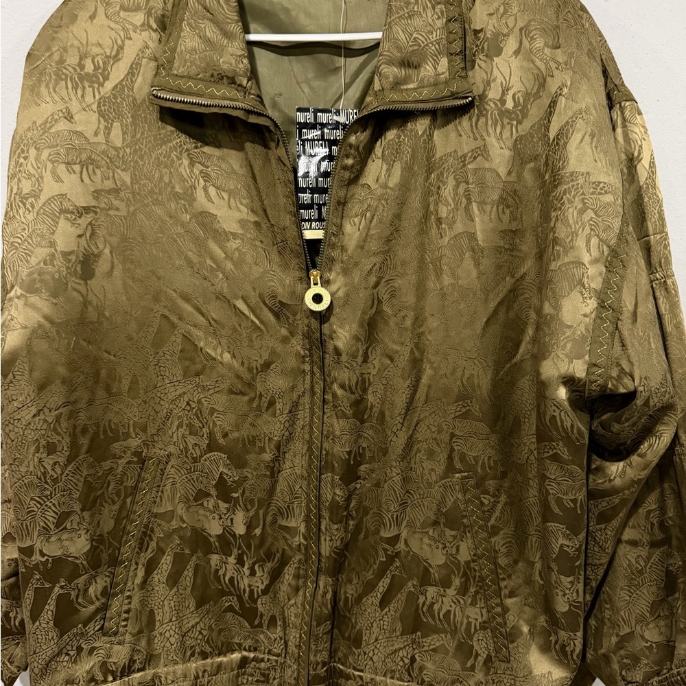 Vintage NWT Mureli 100% Silk Safari Animal Jacquard Bomber Jacket - Olive - XL